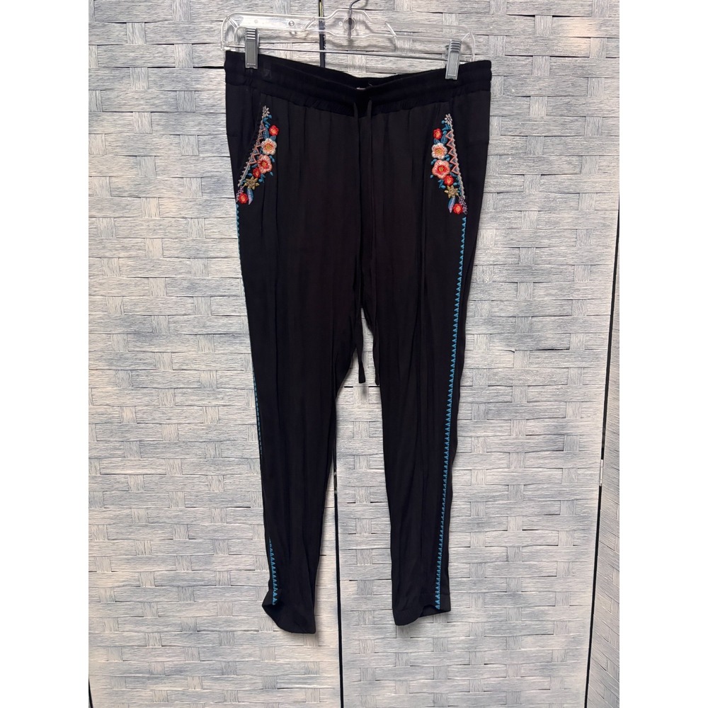Johnny Was Women S Jogger Pants Black Floral Embroidered Boho CP64418-DL Casual